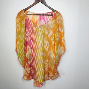 Calypso St. Barth Amani 100% Silk Sheer Ikat Oversized Relaxed Fit Top Lace Trim